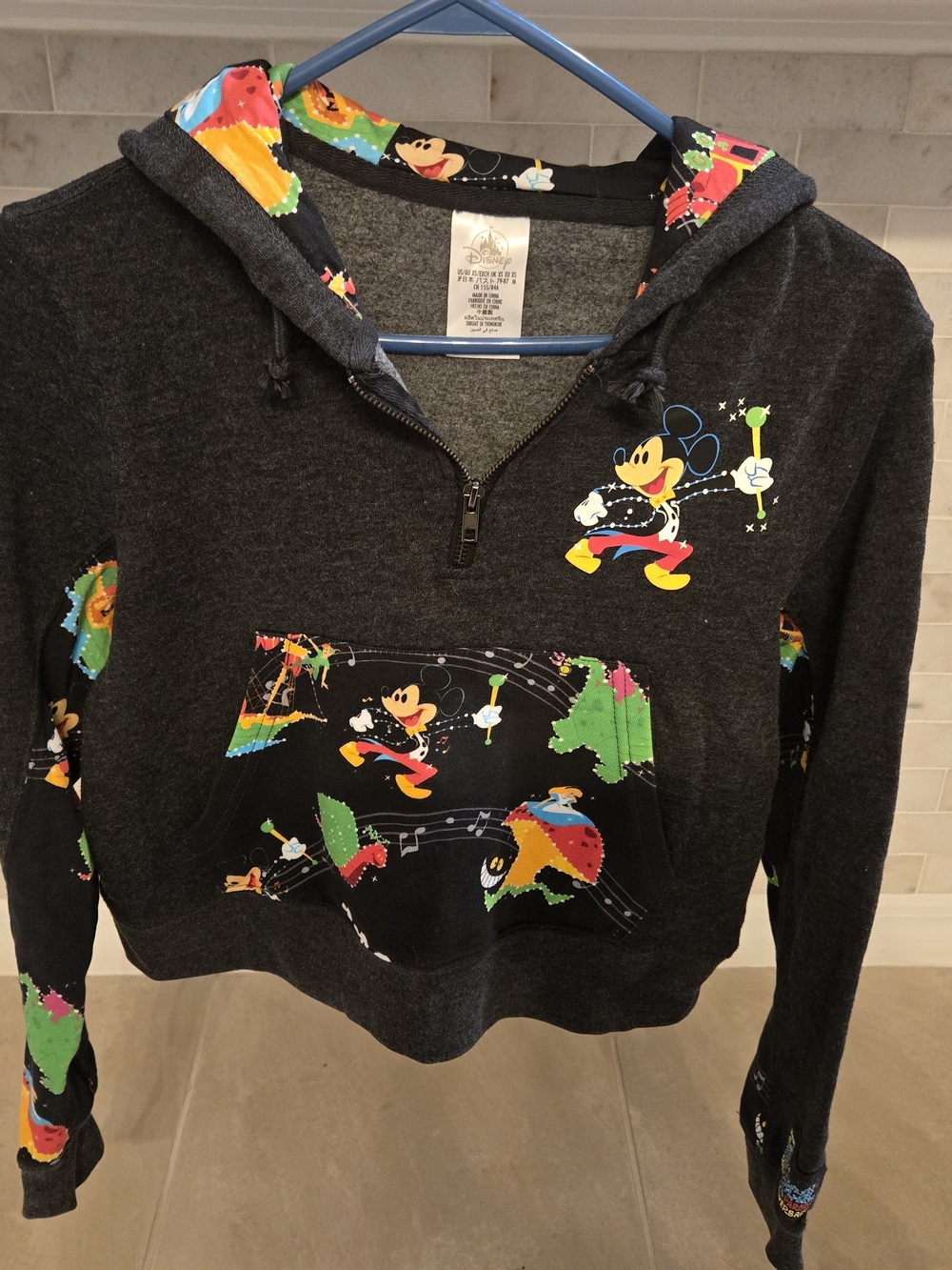 Disney Charcoal Zip-Up Hoodie with Multicolor Mickey Graphics